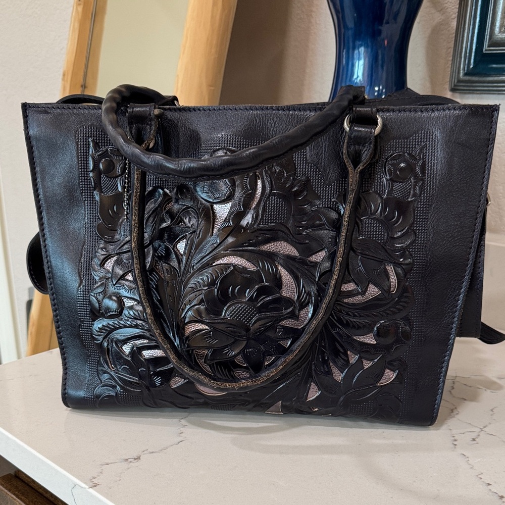 Patricia Nash Dark Leather Floral Tote